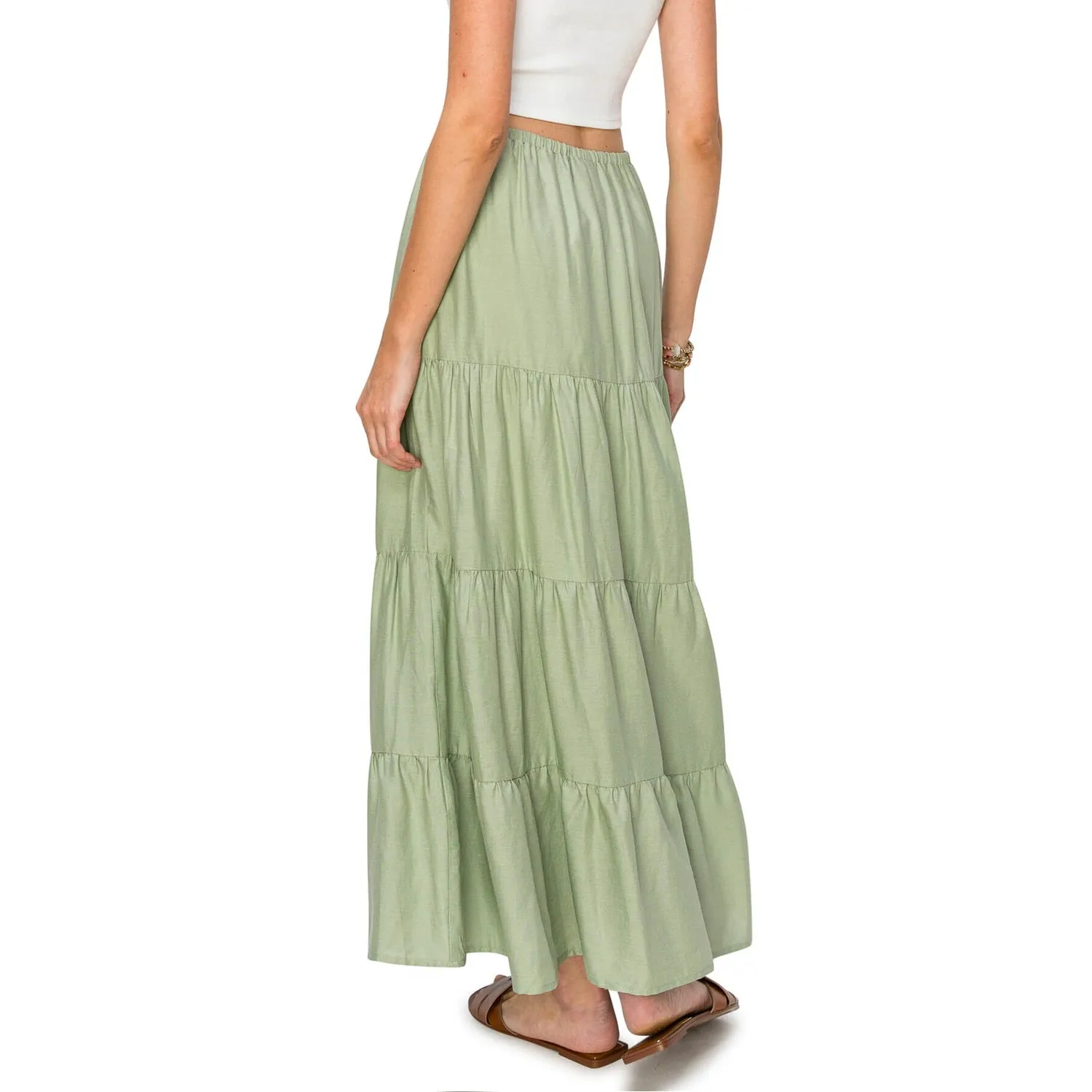 Flowy Tiered Maxi Linen Skirt - Sage