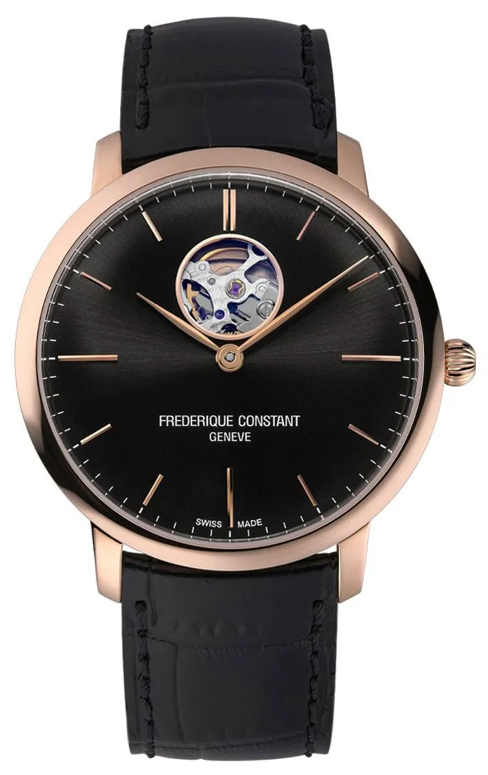 Frederique Constant Slimline Heart Beat Automatic Rose Gold Tone Steel Black Dial Black Leather Strap Mens Watch FC-312B4S4