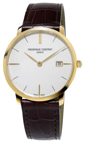 Frederique Constant Slimline Yellow Gold Plated Silver Dial Brown Leather Strap Date Quartz Mens Watch FC-220V5S5