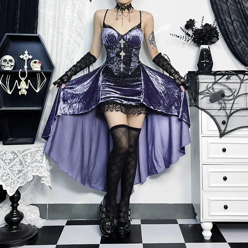 French Fashion Purple Slim Sling Trailing Gothic Dark High Waist Irregular Fairy Grunge Outfit