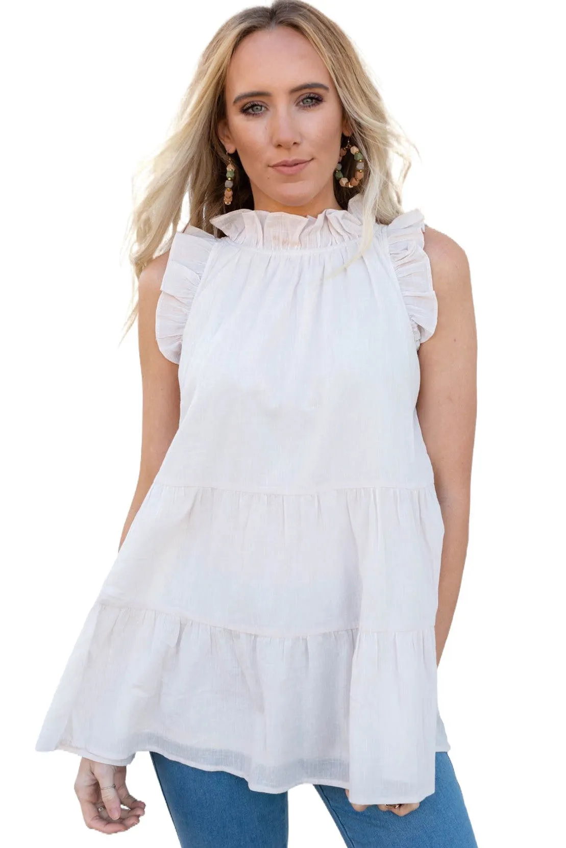 Frilled Trim Tiered White Flowy Tank Top