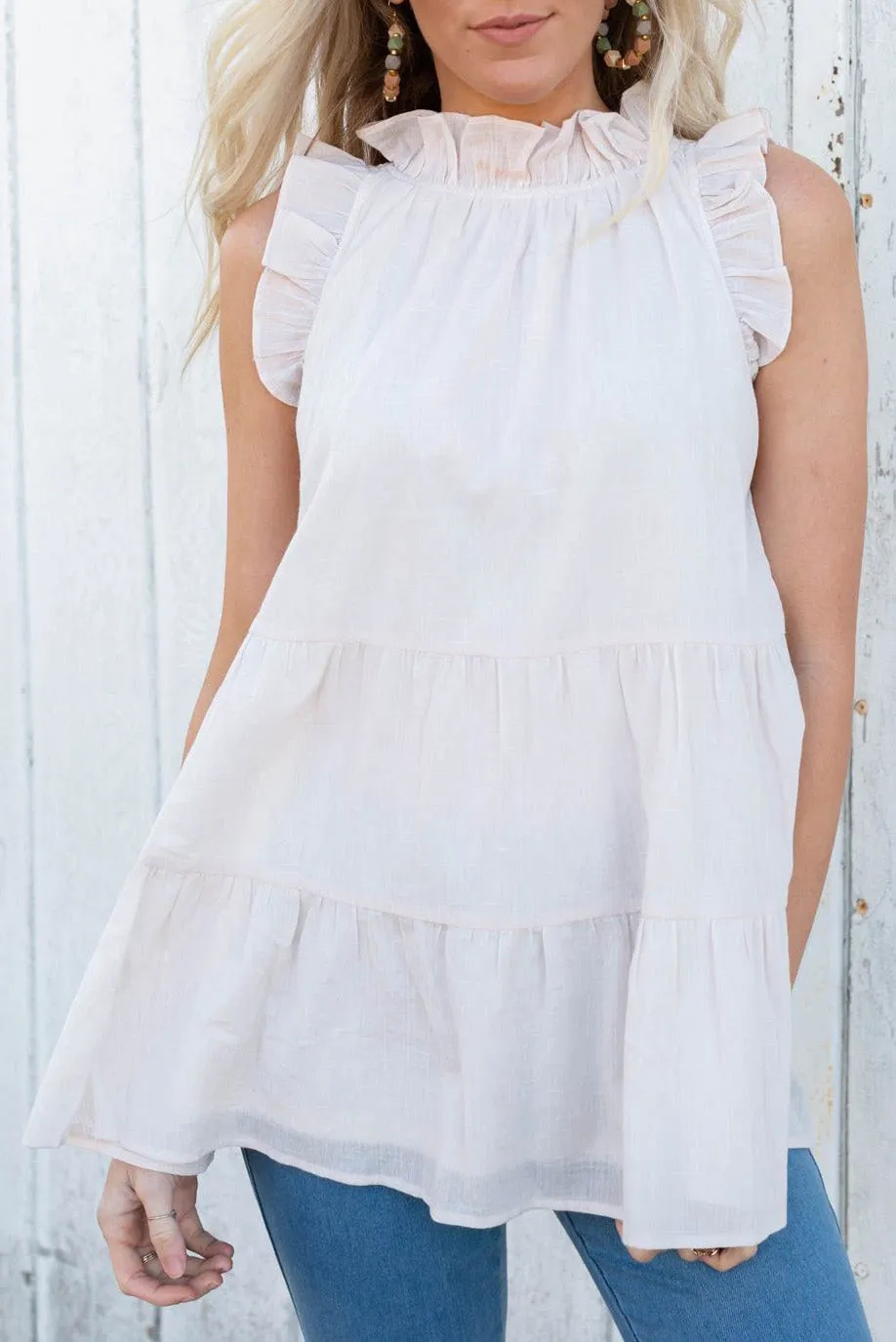 Frilled Trim Tiered White Flowy Tank Top