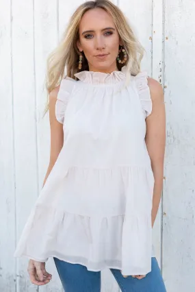 Frilled Trim Tiered White Flowy Tank Top