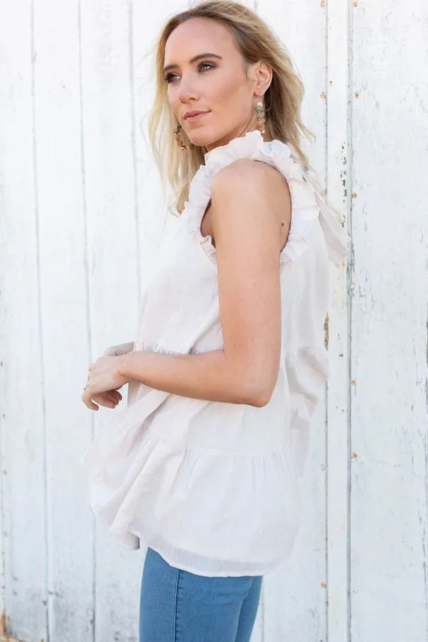 Frilled Trim Tiered White Flowy Tank Top