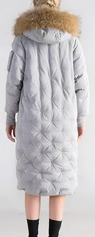 Fur-Hooded Embroidered Puffer Coat , Grey