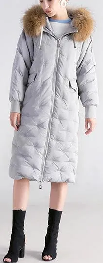 Fur-Hooded Embroidered Puffer Coat , Grey