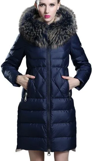 Fur-Hooded Puffer Down Coat, Deep Blue