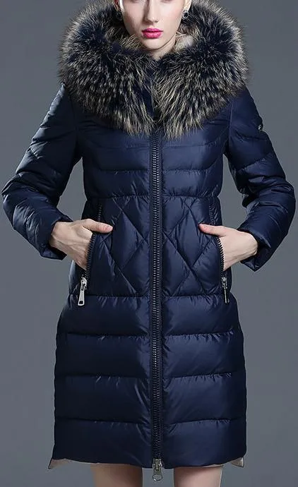 Fur-Hooded Puffer Down Coat, Deep Blue