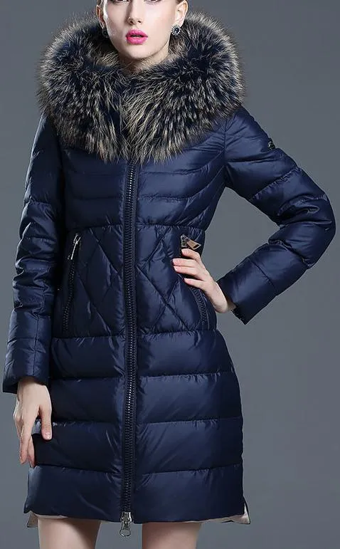 Fur-Hooded Puffer Down Coat, Deep Blue