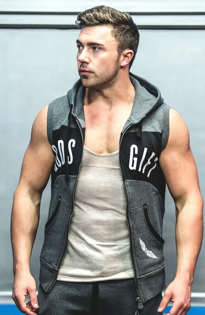 GG Sleeveless Contrast Gym Hoodie - Grey/Black