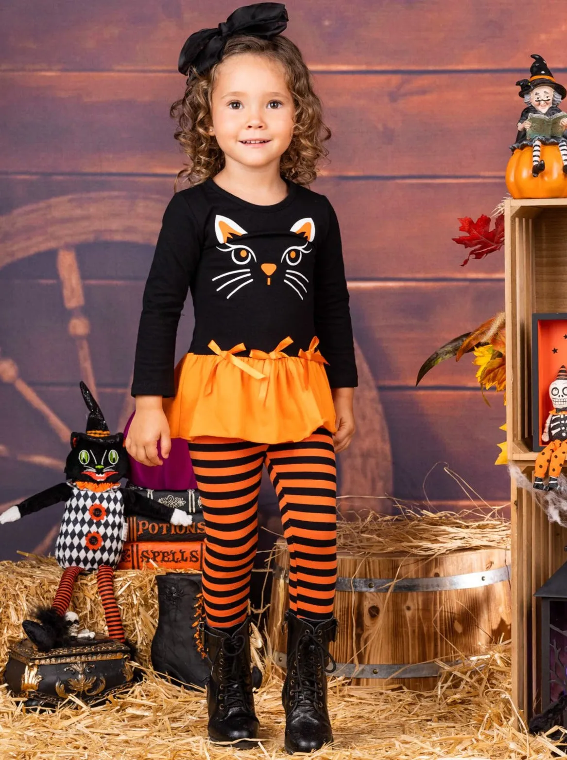 Girls Halloween Themed Long Sleeve Kitty Tunic with Ruffled Hem And Bows And Striped Legging Set