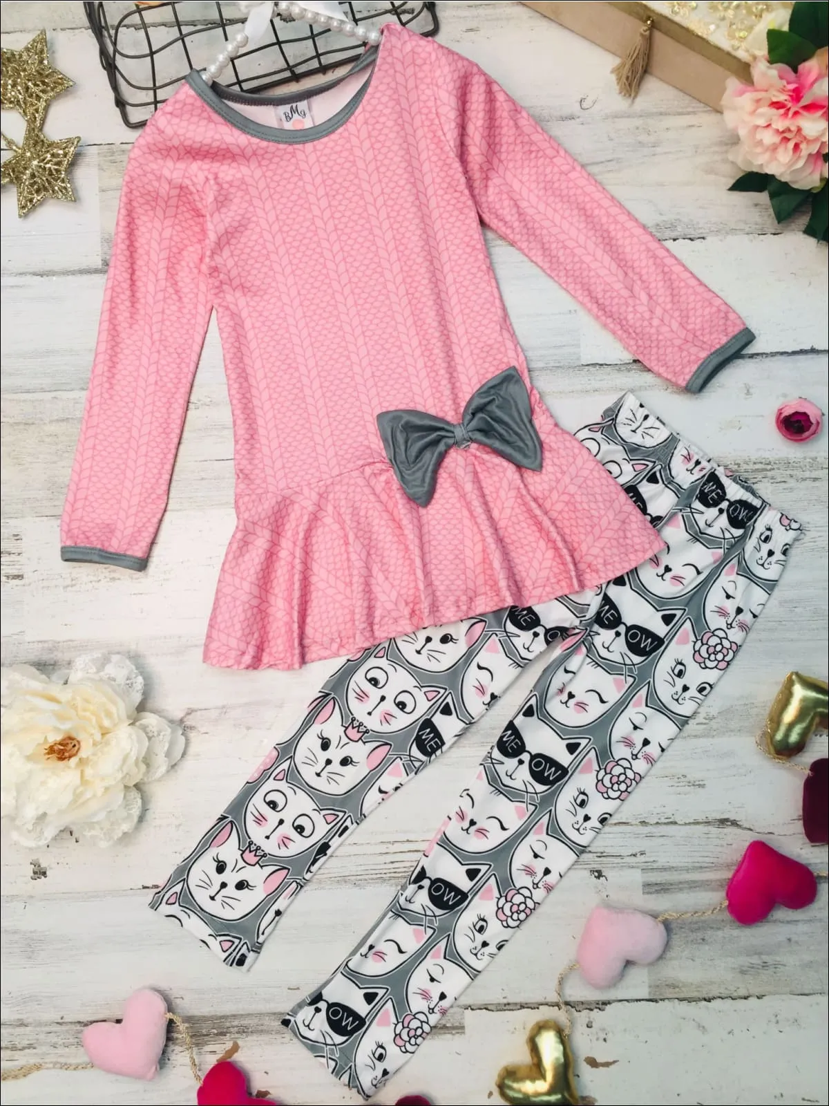 Girls Long Sleeve Peplum Bow Tunic And Legging Set