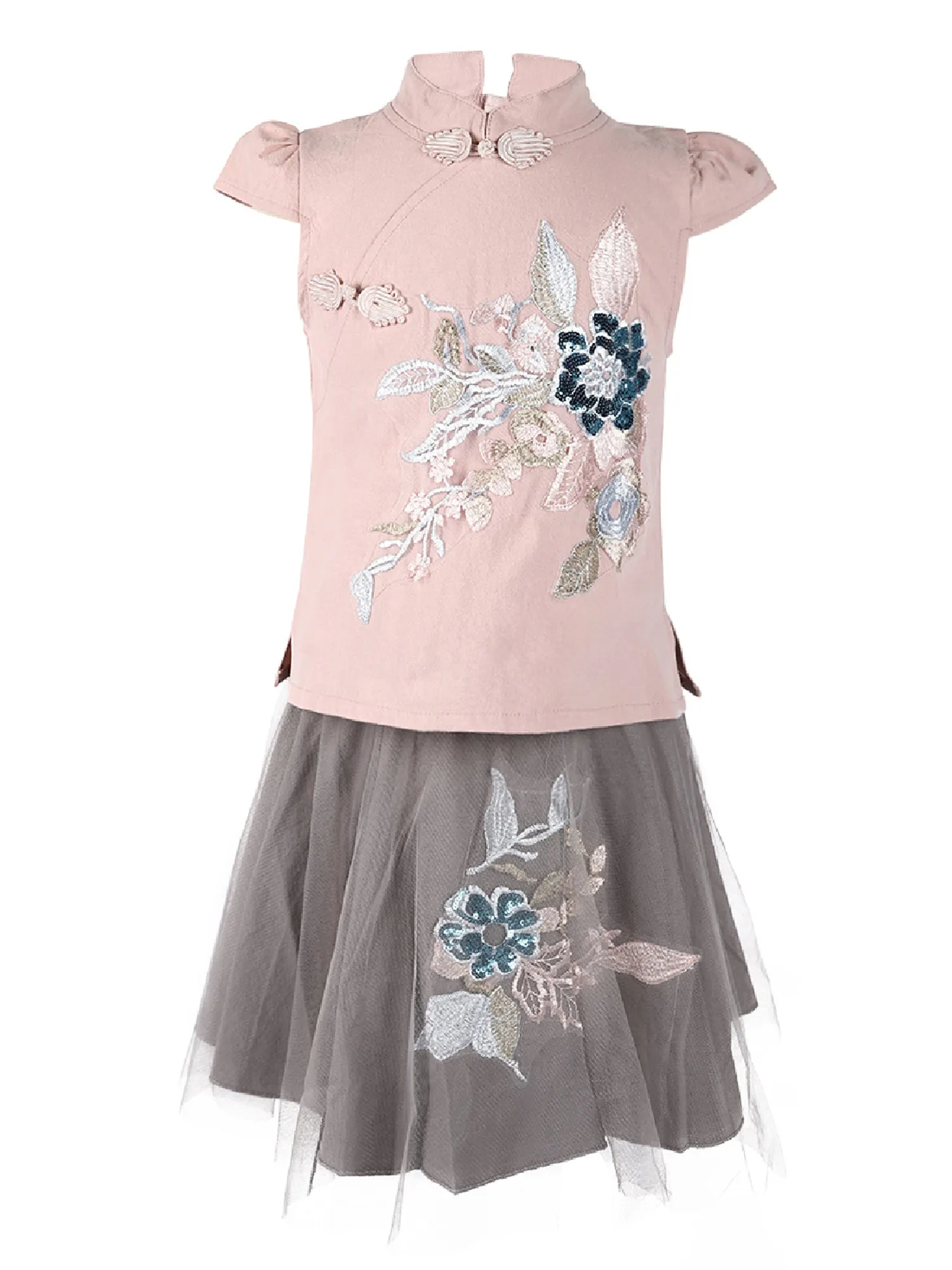 Girls Pink Gray Embroidery 2 Pieces Cotton Dress 24M-10