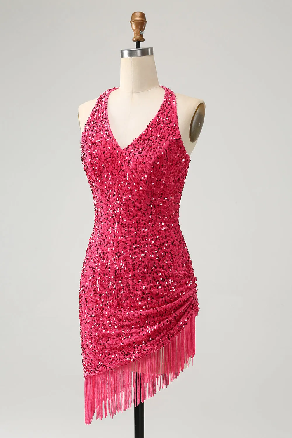 Glitter Sage Bodycon Halter Sequin Short Homecoming Dress with Tassels