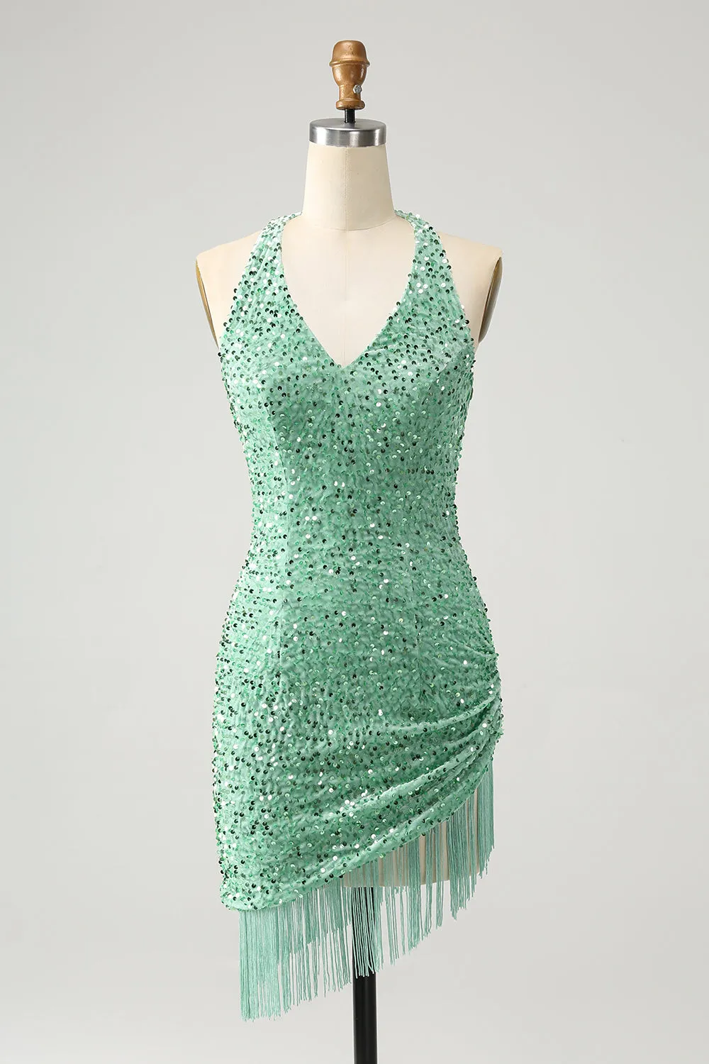 Glitter Sage Bodycon Halter Sequin Short Homecoming Dress with Tassels