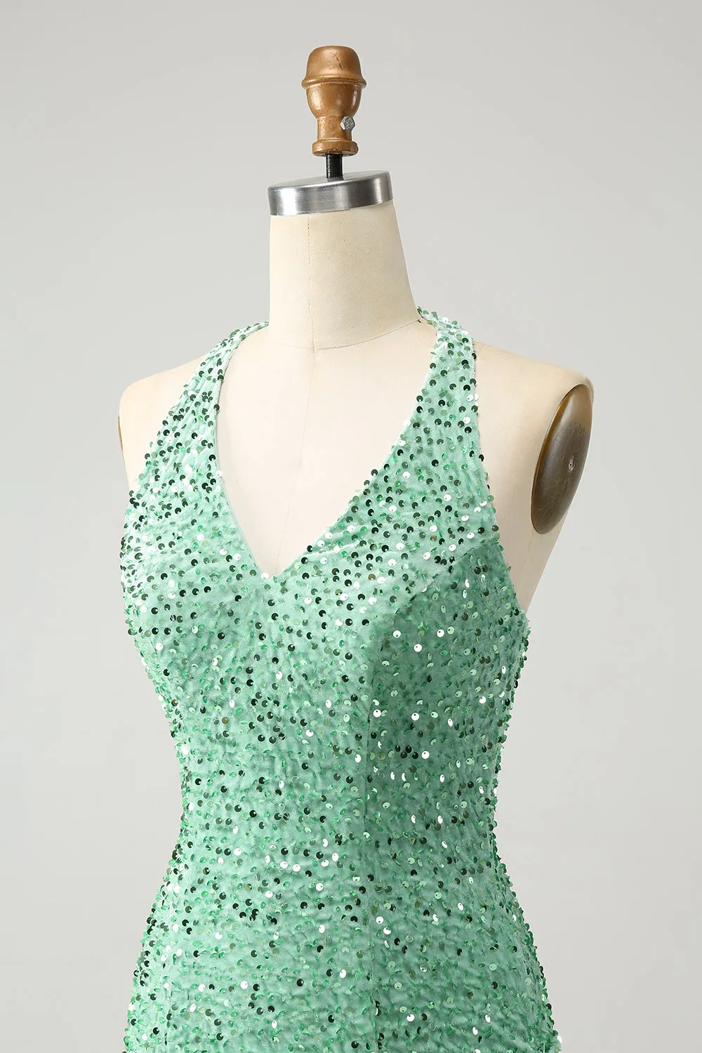 Glitter Sage Bodycon Halter Sequin Short Homecoming Dress with Tassels