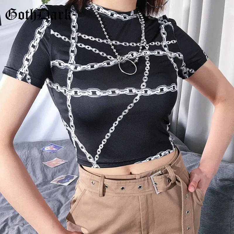 Goth Dark Chain Print Black Crop Top Shirt