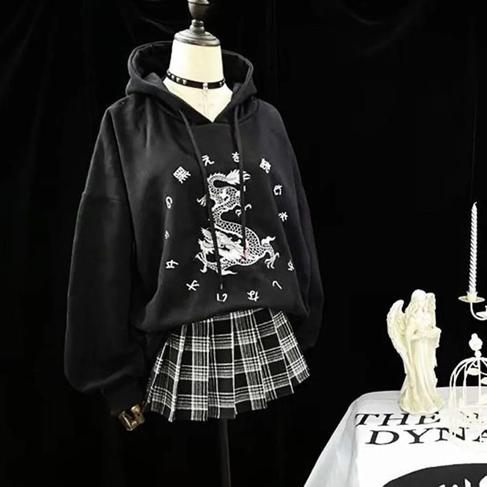 Gothic Black Hooded Loose Sweatshirt