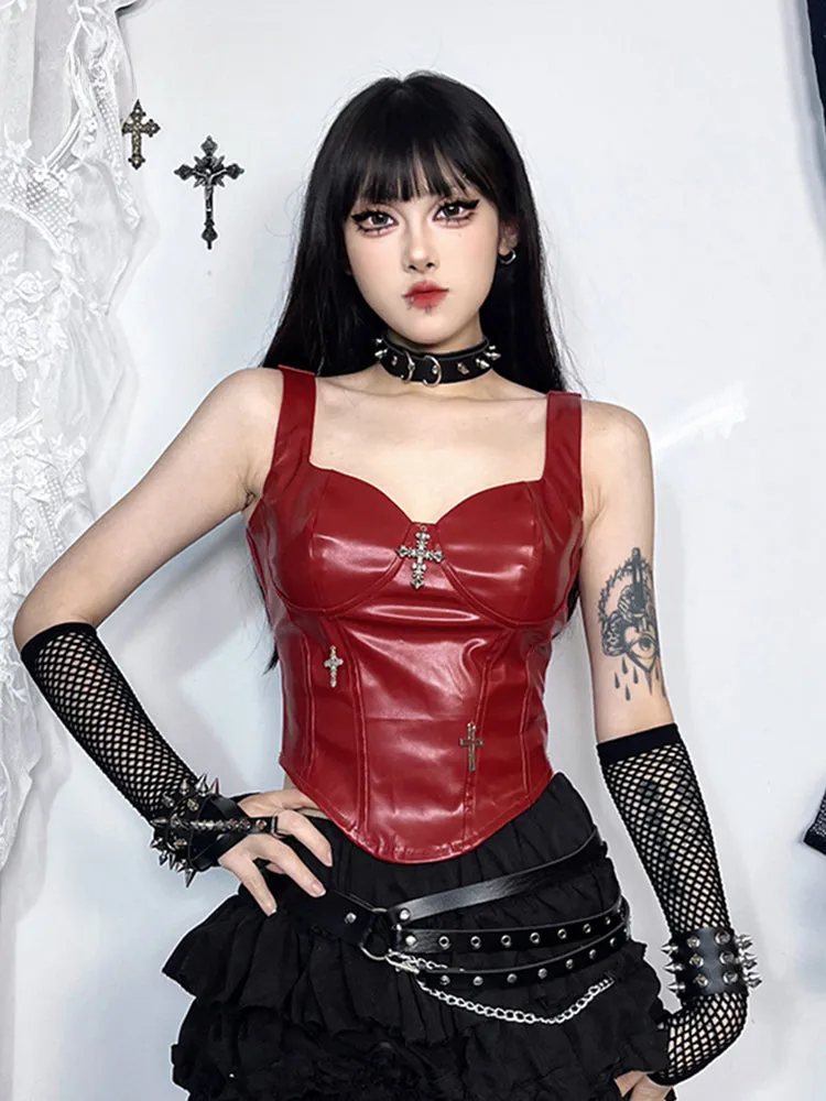 Gothic Grunge Crop Cross Leather Corset Punk Top