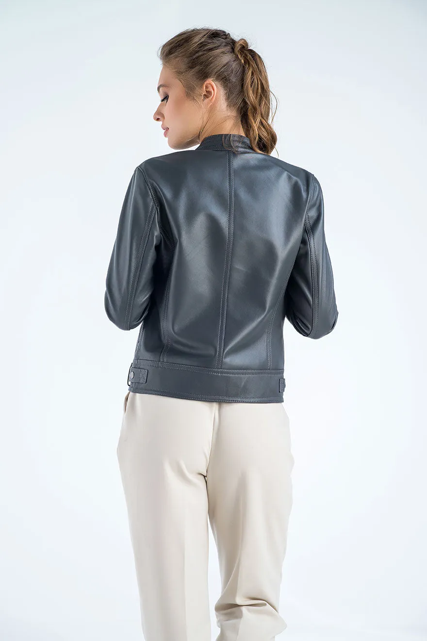 Gray Genuine Cropped Leather Jacket