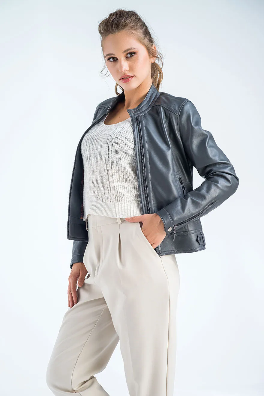 Gray Genuine Cropped Leather Jacket