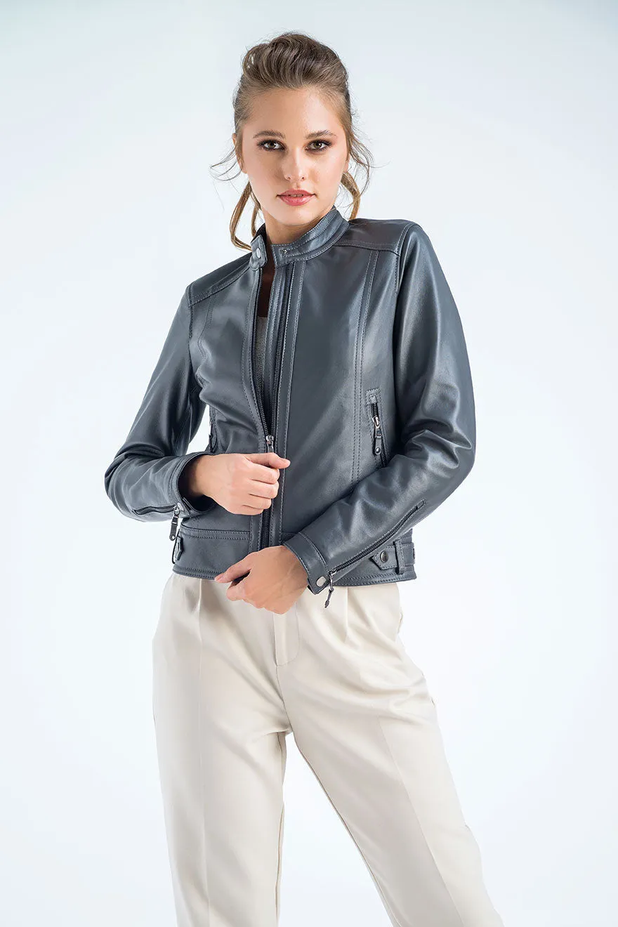 Gray Genuine Cropped Leather Jacket