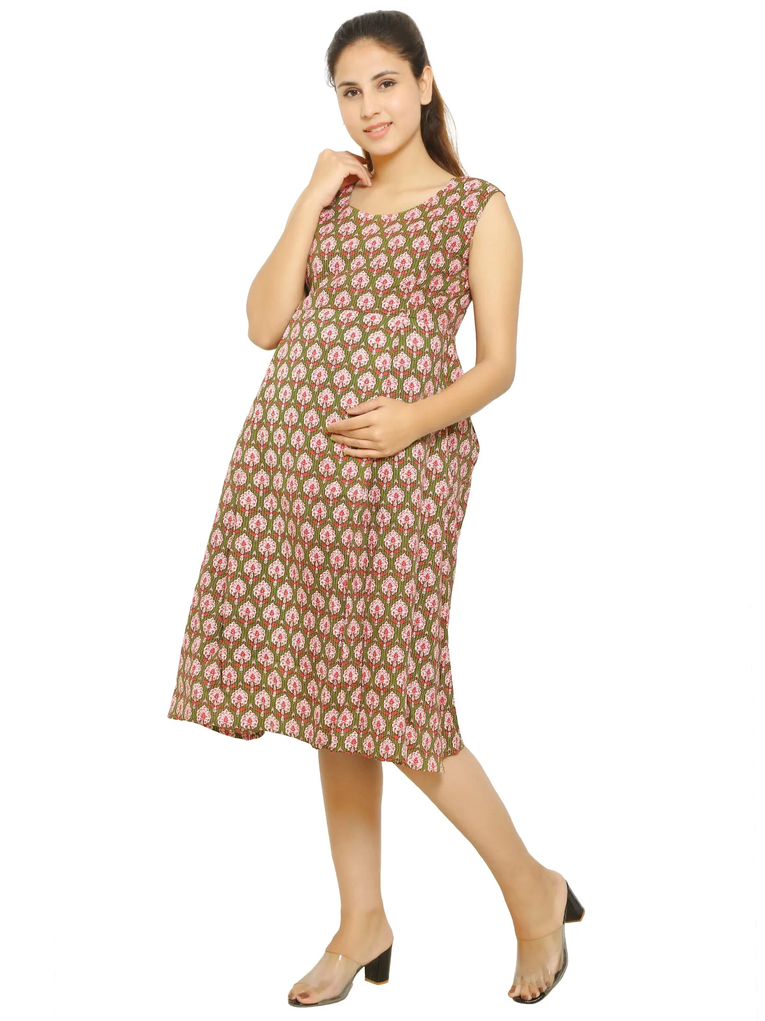 Green Fit and Flare Cotton Maternity and Feeding Dress