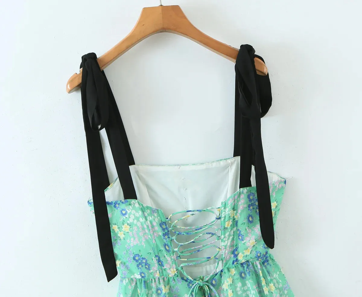 Green Floral Print Tie Strap Ruffled Dress