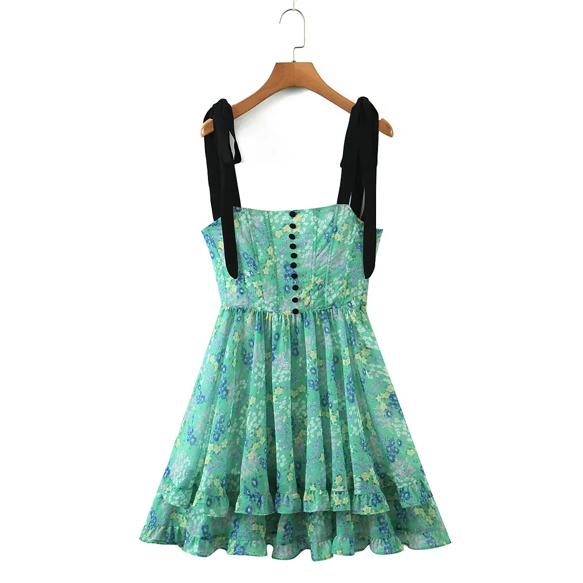 Green Floral Print Tie Strap Ruffled Dress