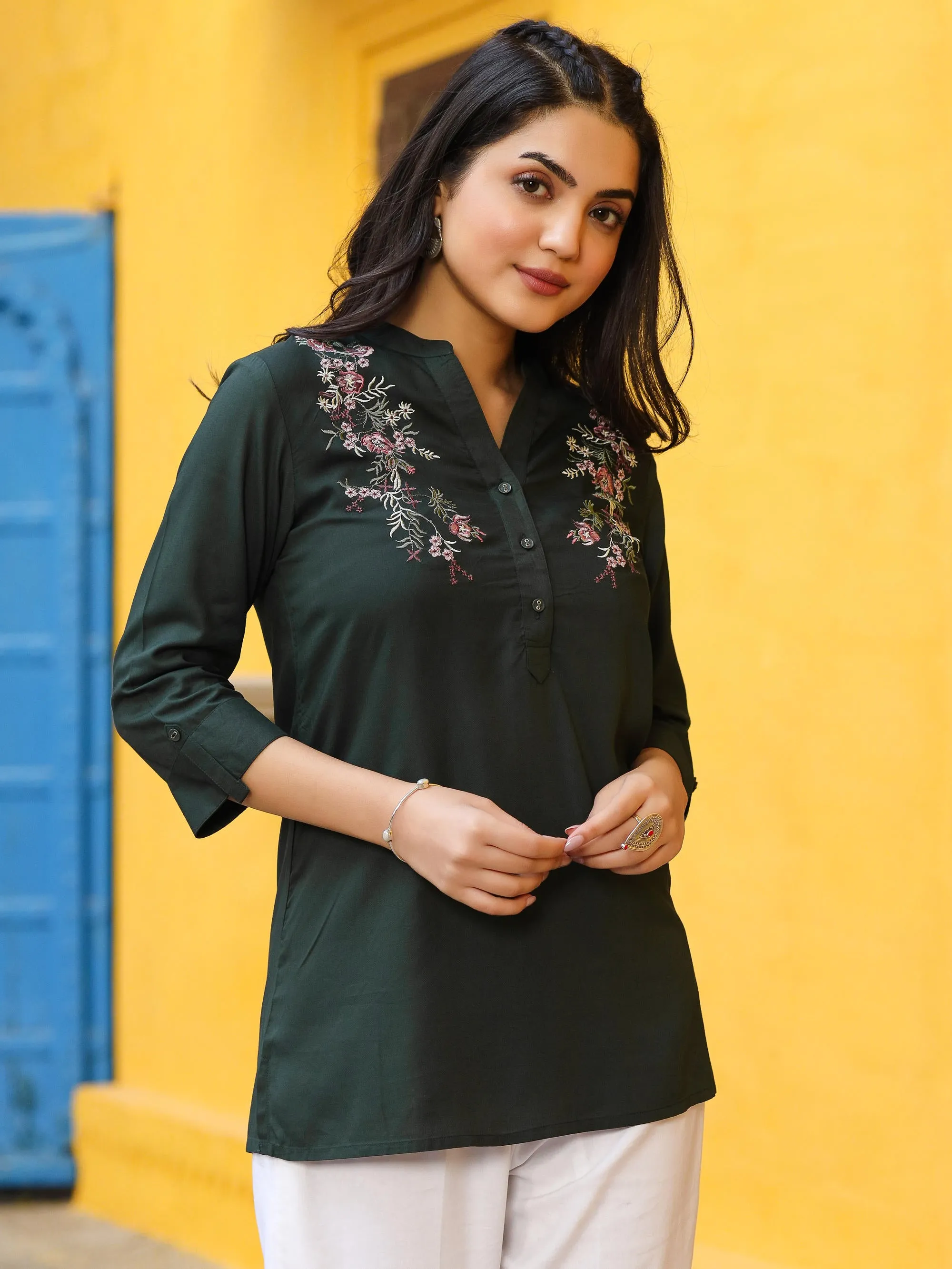 Green Modal Liva Rayon Embroidered Tunic