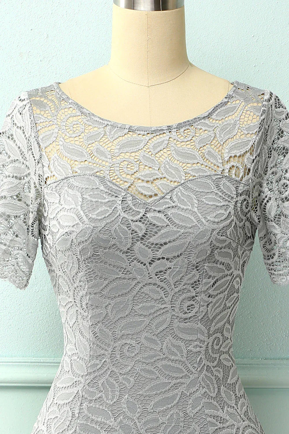 Grey Bodycon Lace Dress Round Neck Wedding Guest Dress