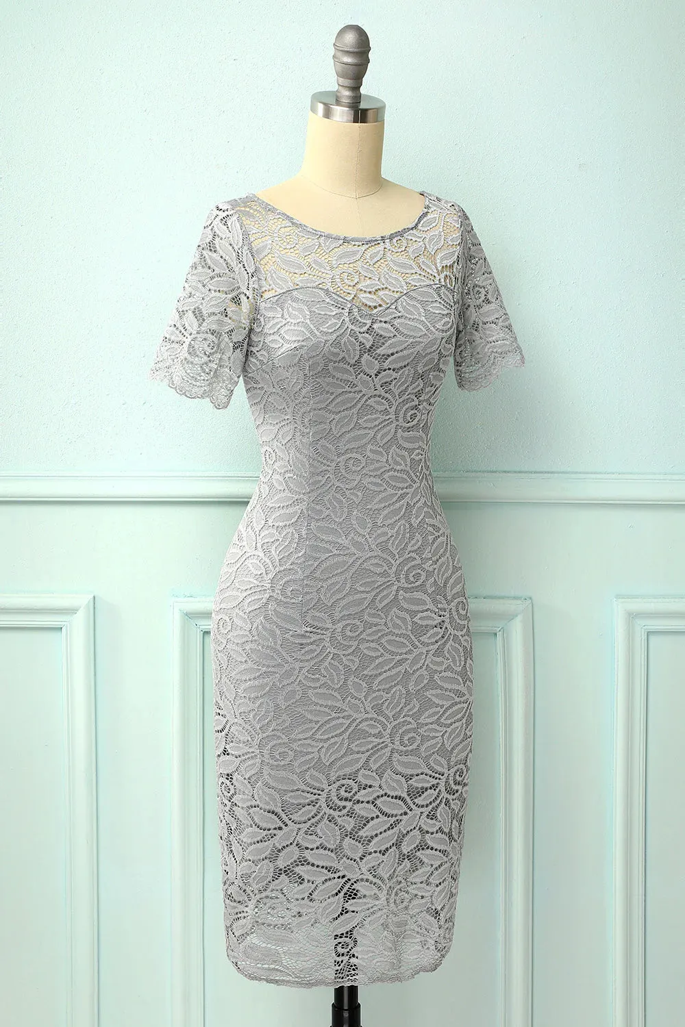 Grey Bodycon Lace Dress Round Neck Wedding Guest Dress