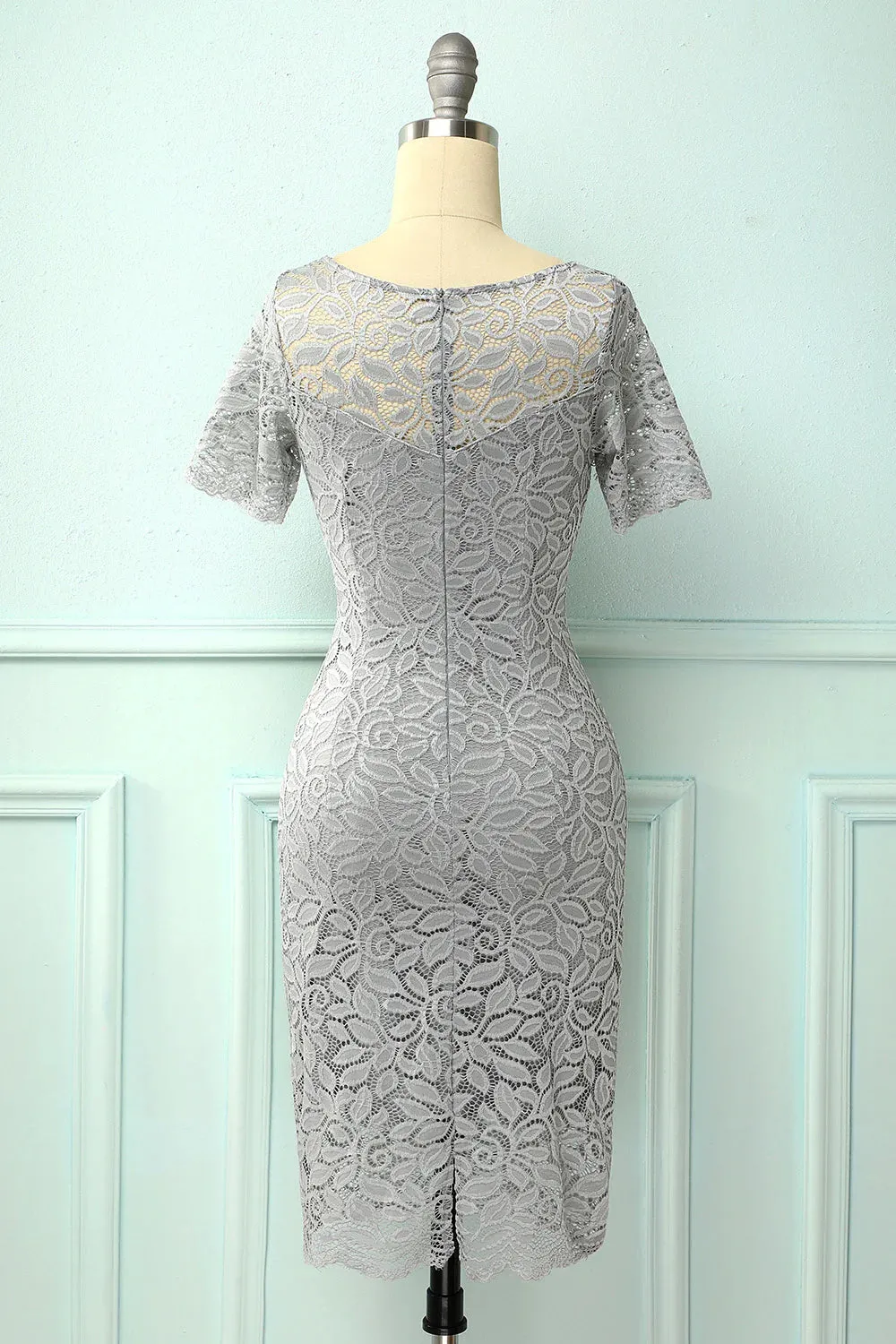 Grey Bodycon Lace Dress Round Neck Wedding Guest Dress