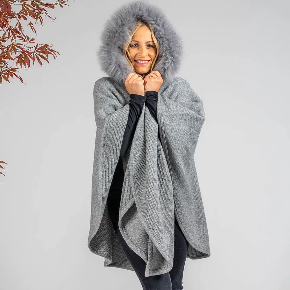 Grey Melange Hooded Cashmere Blend Cape: Cashmere Fur Trim