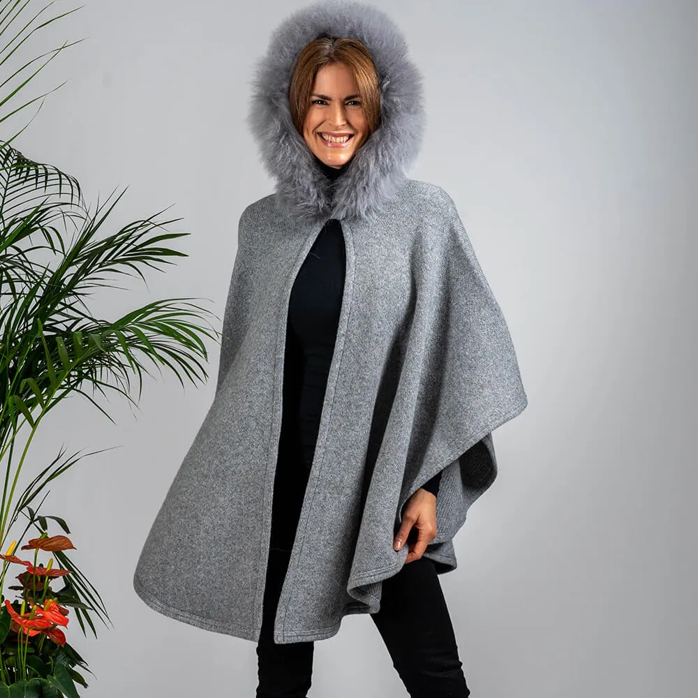 Grey Melange Hooded Cashmere Blend Cape: Cashmere Fur Trim