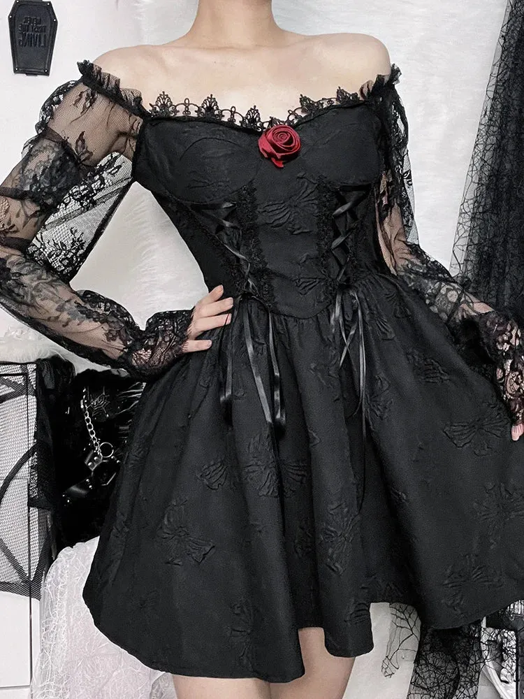 Grunge Sexy Waist Gothic Party A-Line Lolita Sleeve Jacquard Harajuku Lace Dark Vintage High Frock