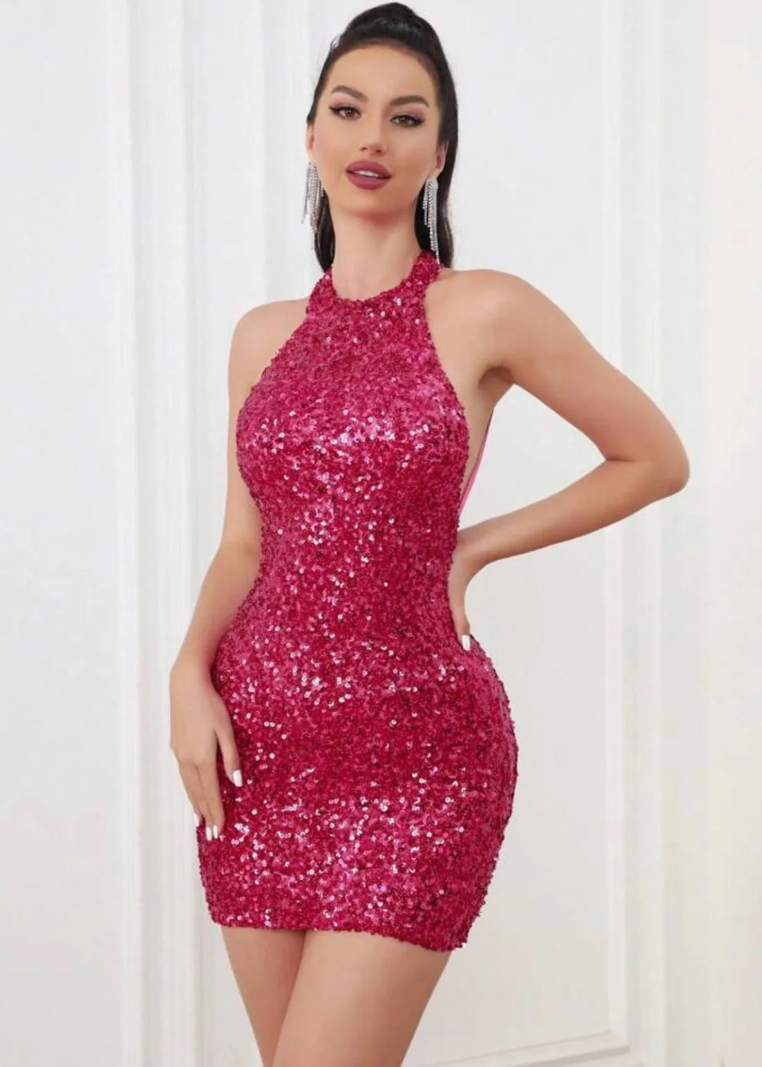 Halter Neck Backless Sequin Bodycon Dress