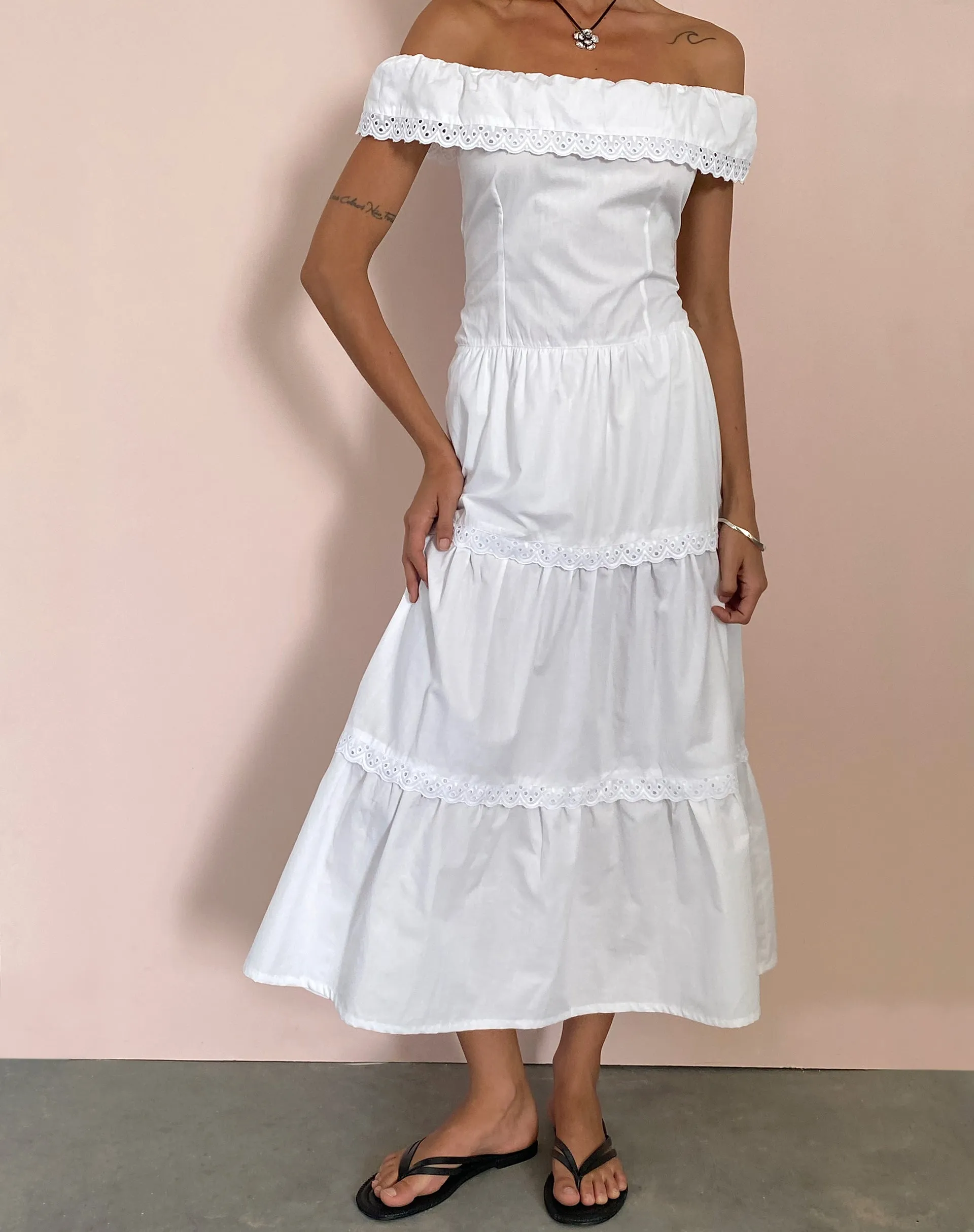 Helpa Tiered Bardot Maxi Dress in White