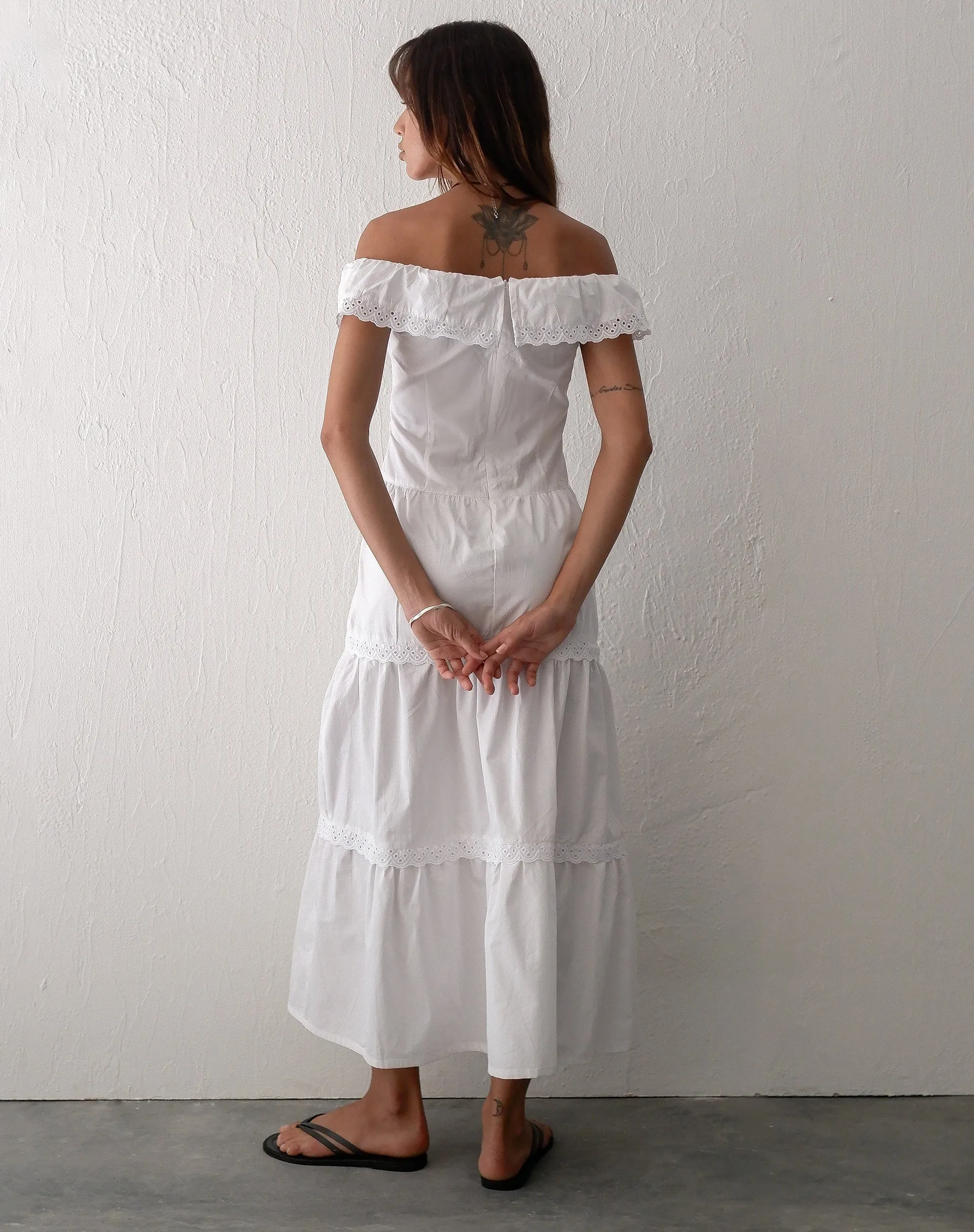 Helpa Tiered Bardot Maxi Dress in White