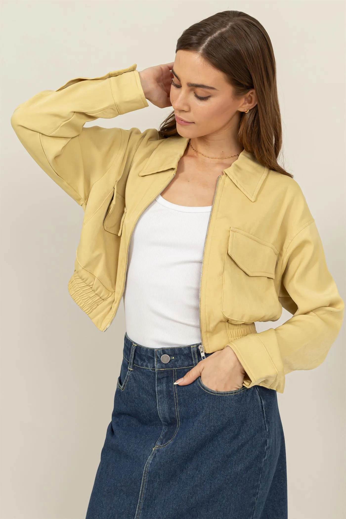 HF24F615-CROPPED ZIP-UP JACKET WITH FRONT POCKETS