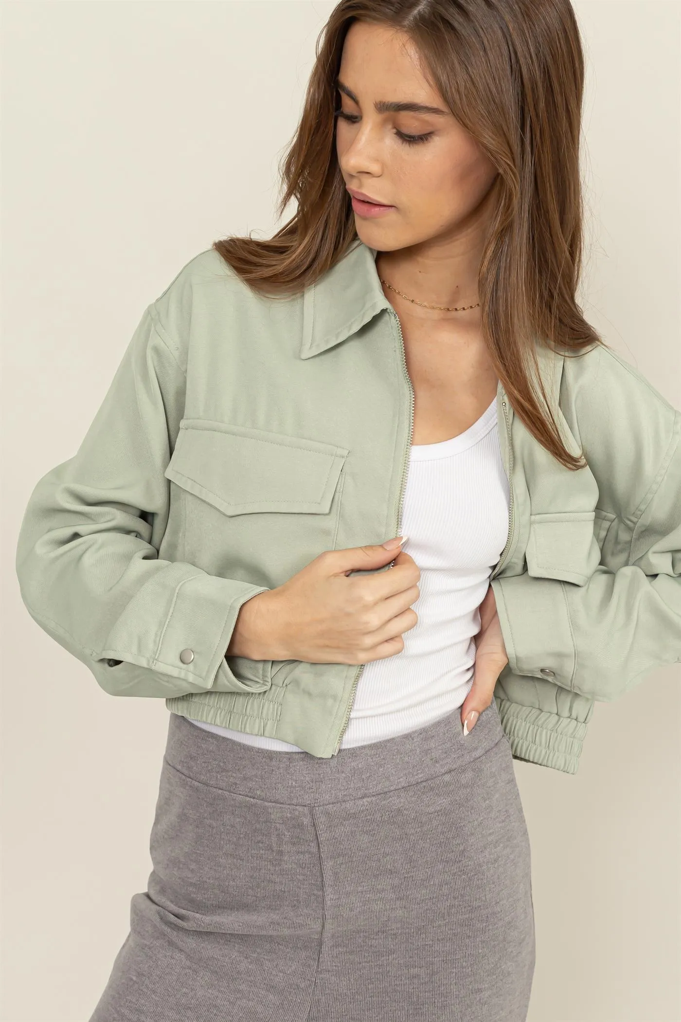 HF24F615-CROPPED ZIP-UP JACKET WITH FRONT POCKETS