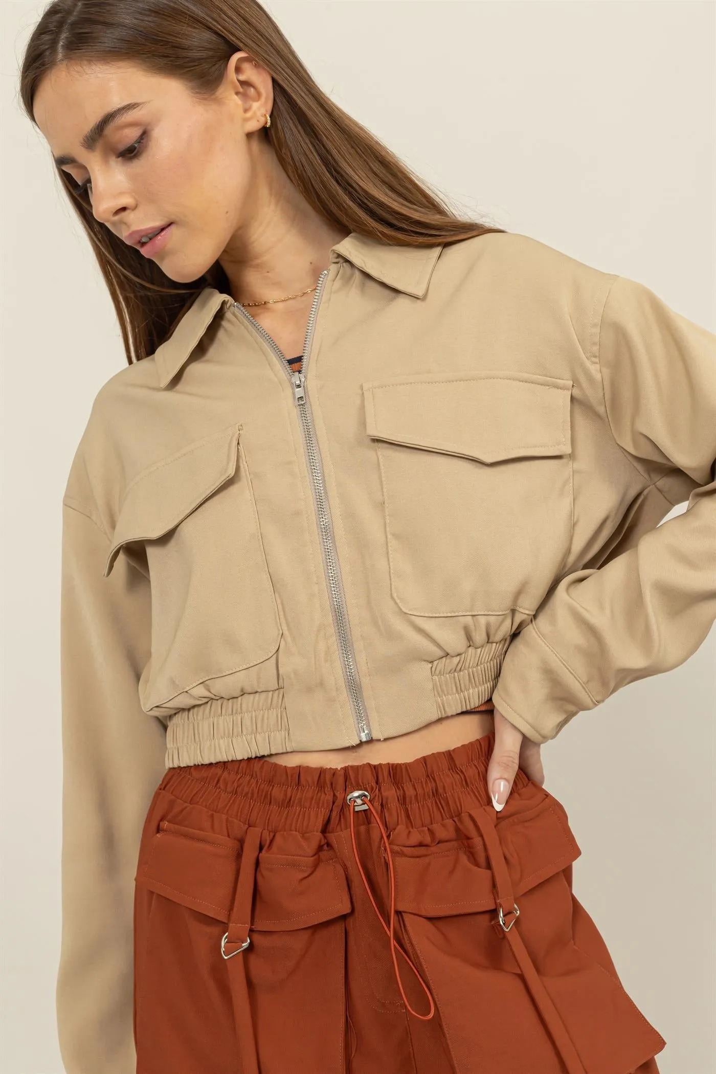 HF24F615-CROPPED ZIP-UP JACKET WITH FRONT POCKETS