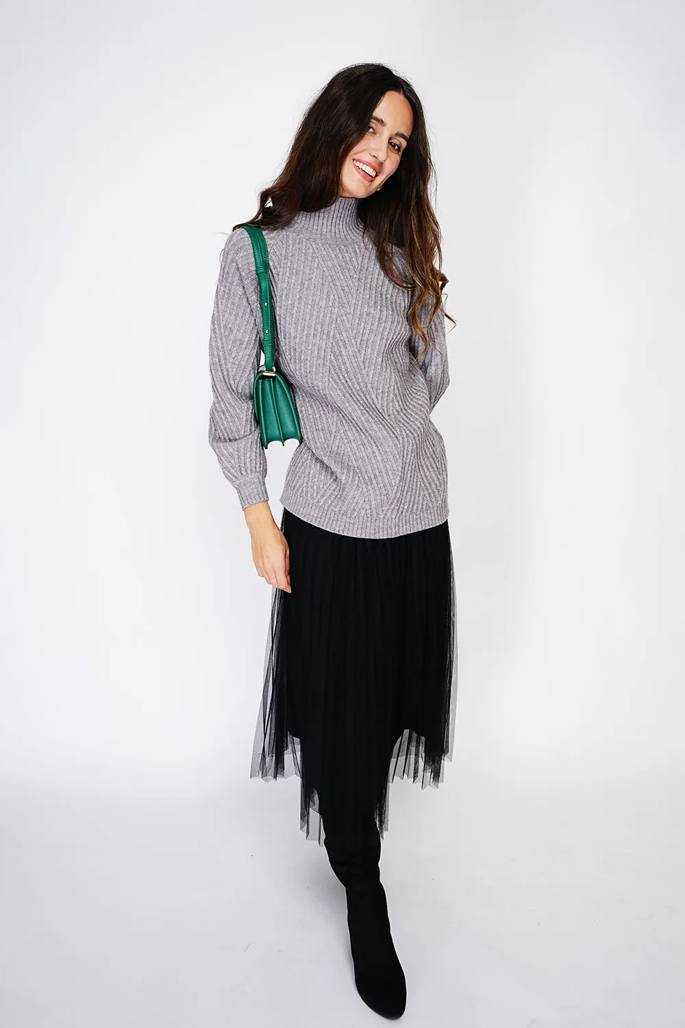 High-neck fancy knit tunic with long sleeves