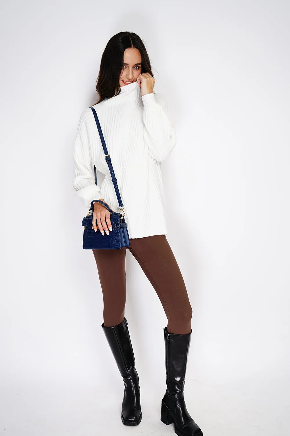 High-neck fancy knit tunic with long sleeves