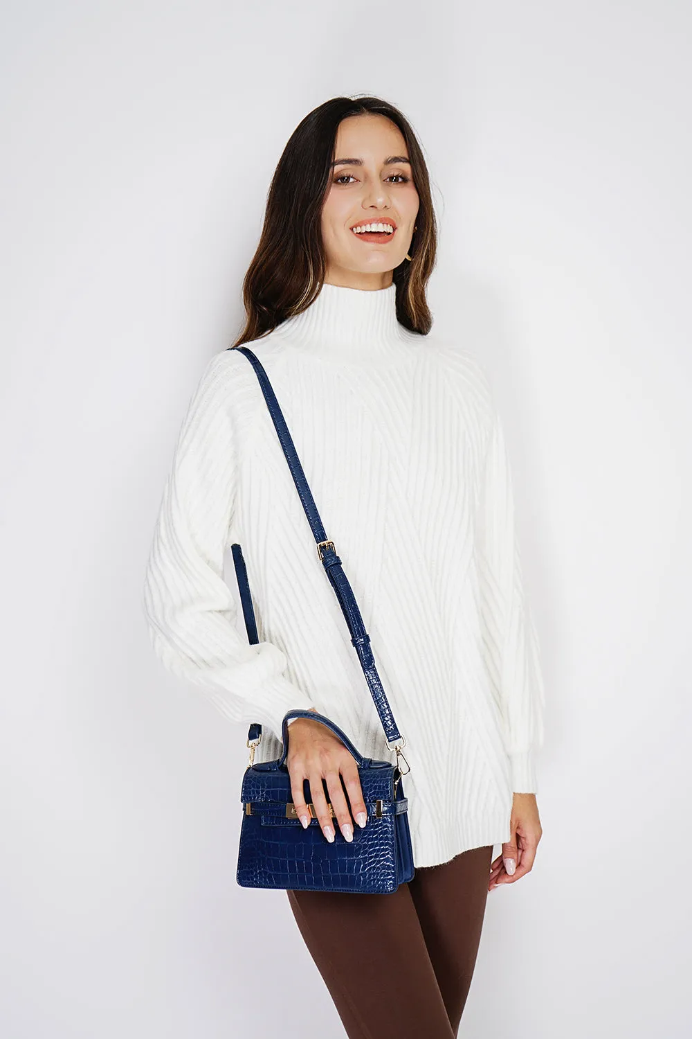 High-neck fancy knit tunic with long sleeves