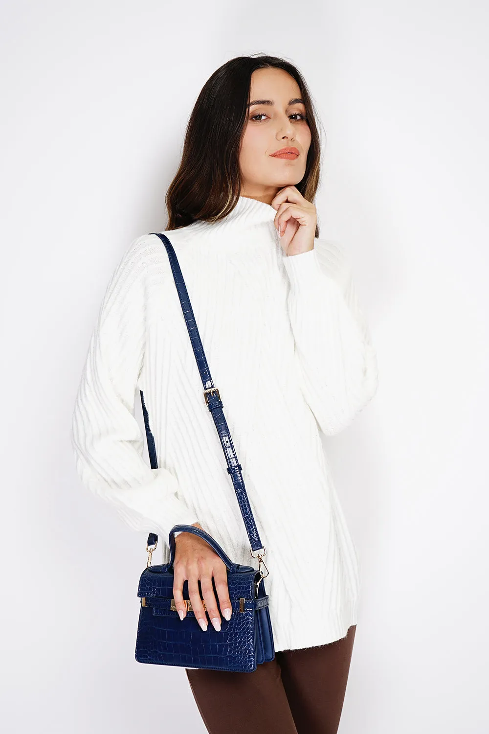 High-neck fancy knit tunic with long sleeves