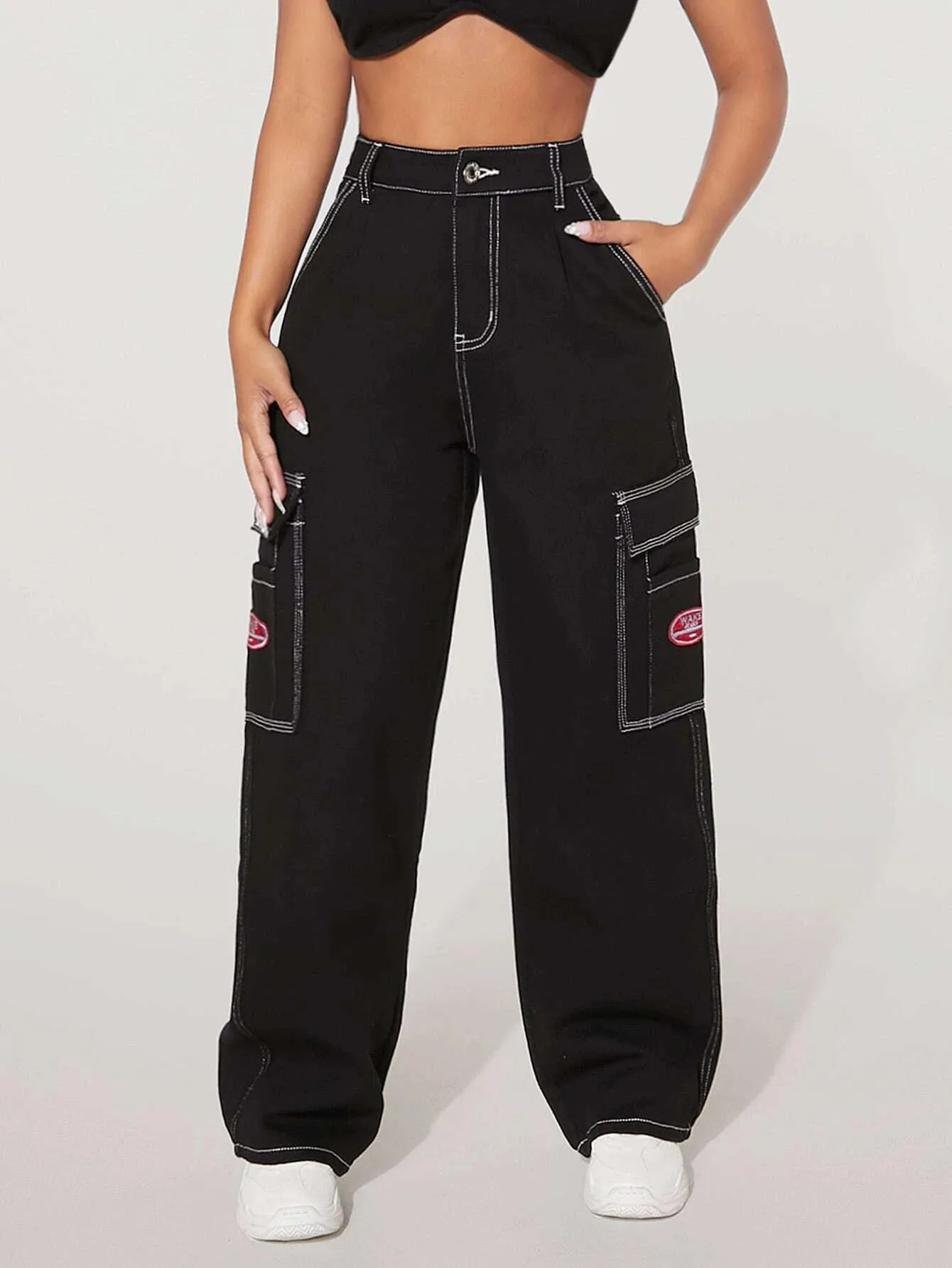 High Waist Pocket Side Wide Jeans