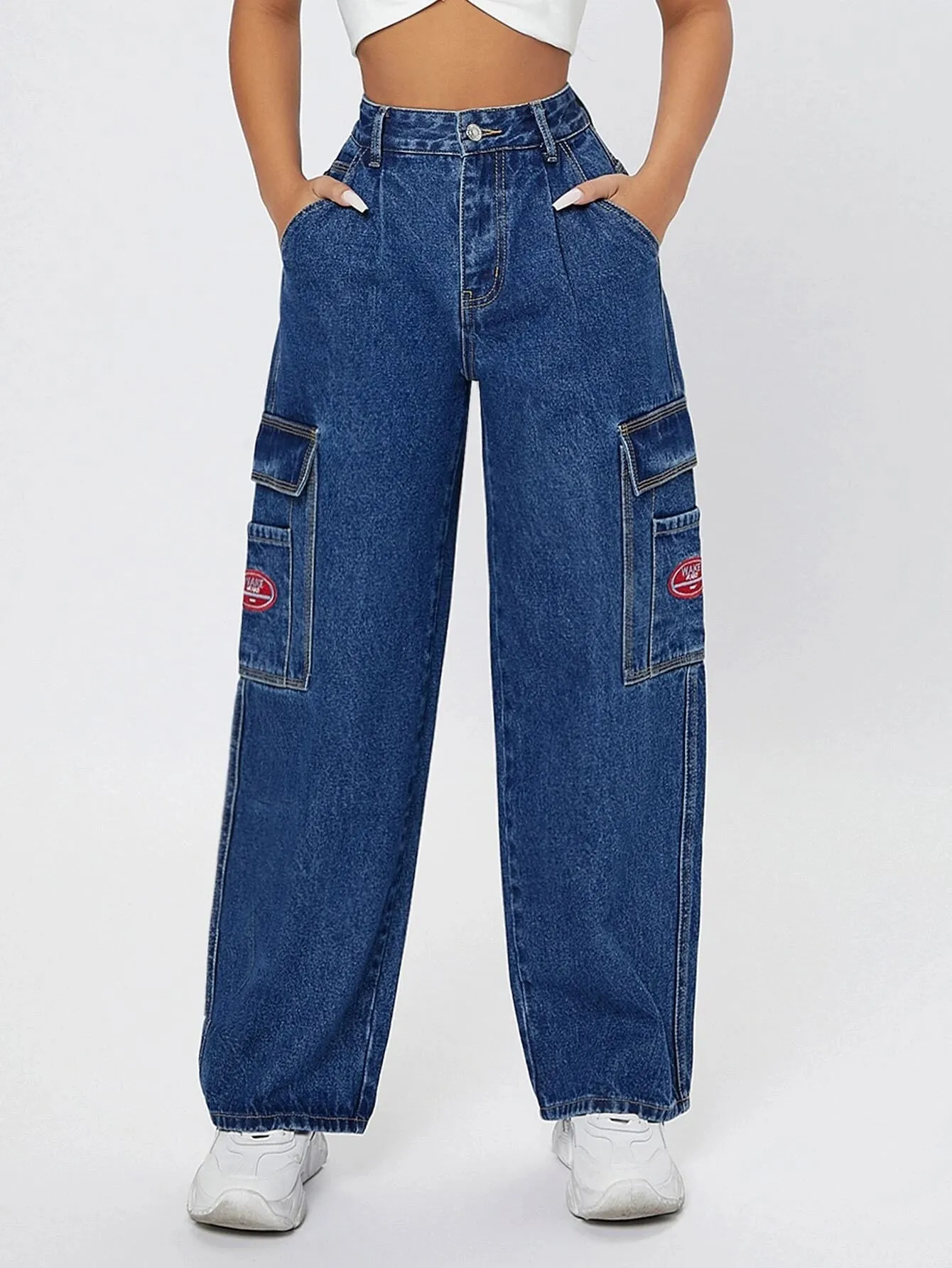 High Waist Pocket Side Wide Jeans