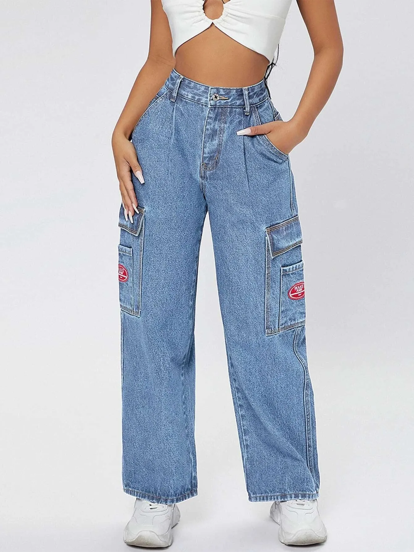 High Waist Pocket Side Wide Jeans