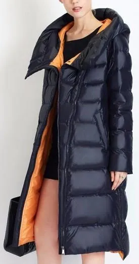 Hooded Thick Puffer Down Coat in Dark Blue